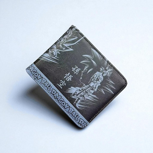 Black leather wallet with white embossed design on a light gray background