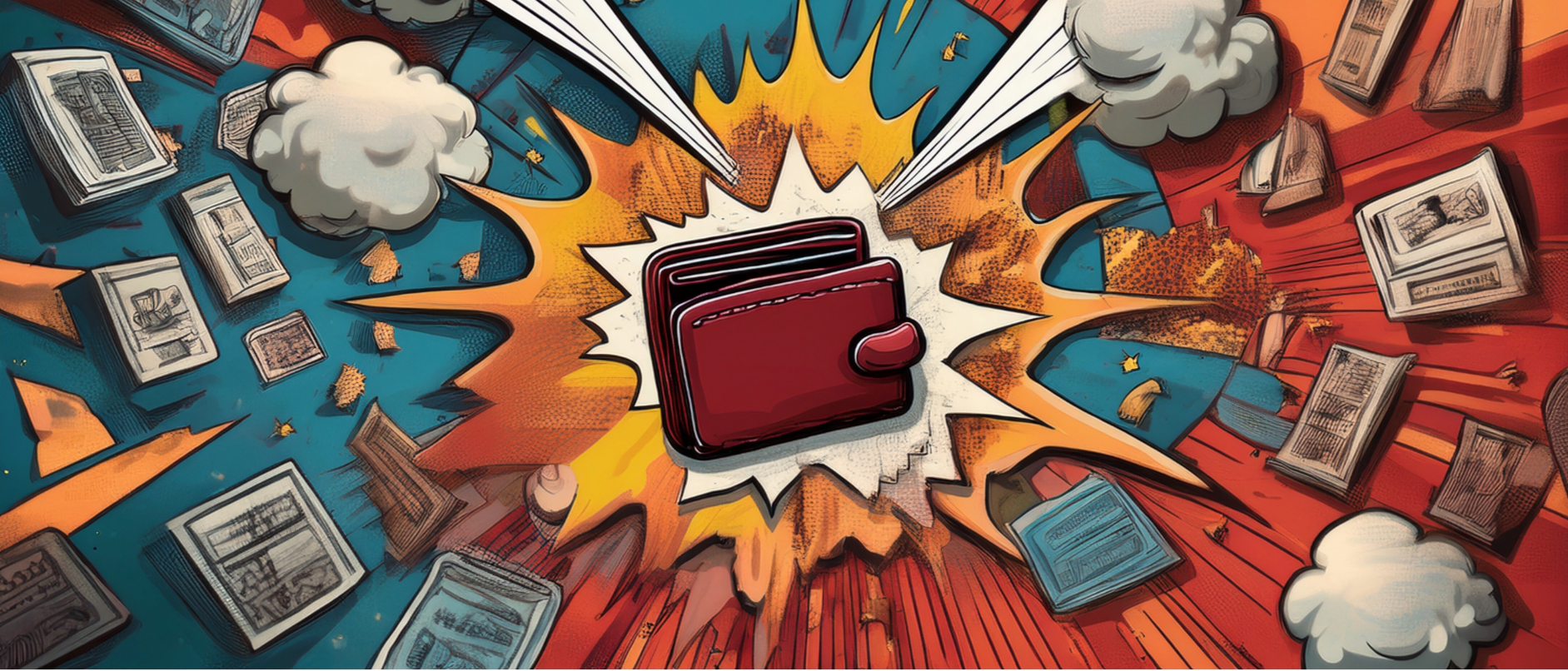 Illustration of a red wallet surrounded by money and clouds on a colorful background
